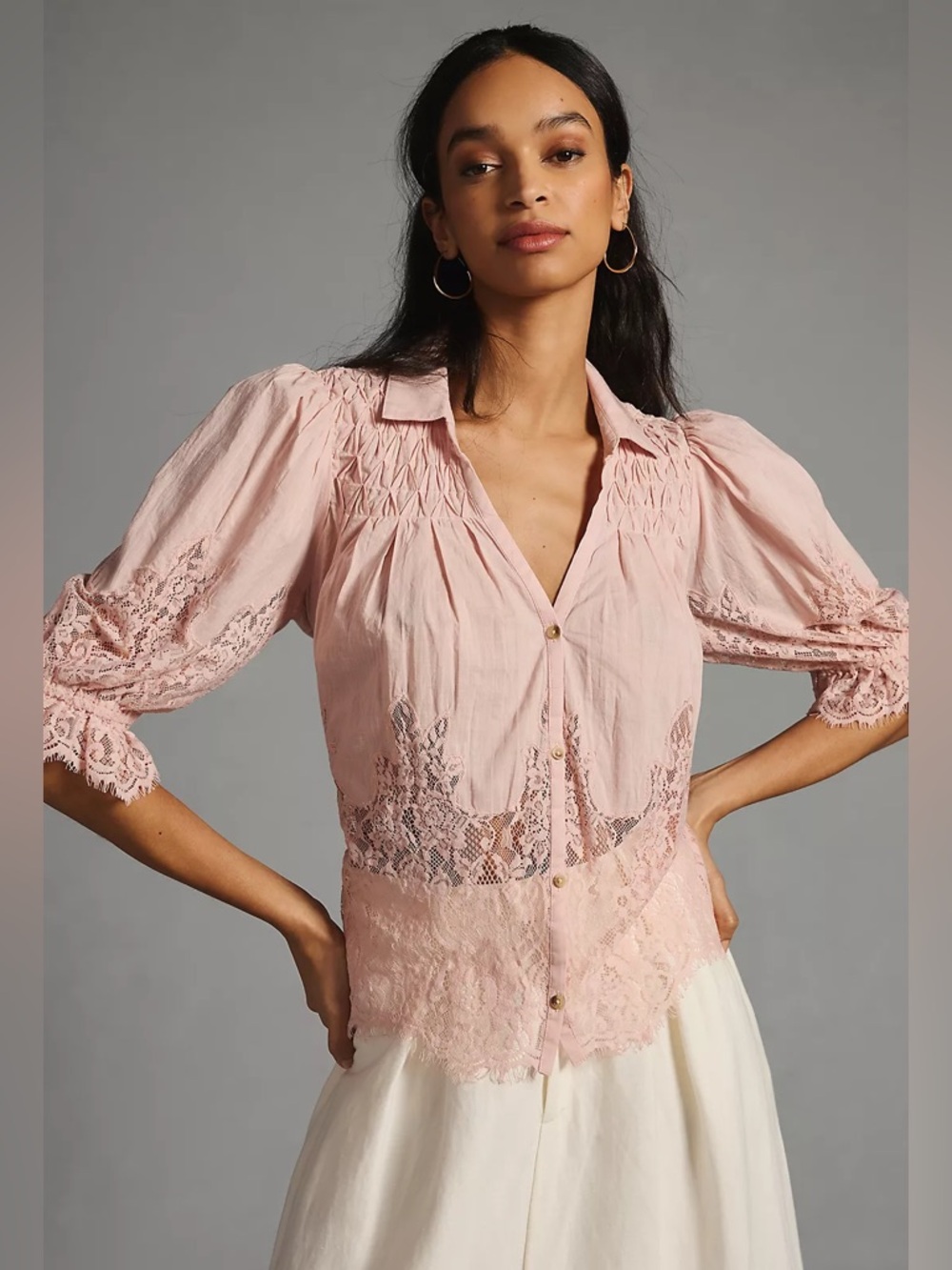 By Anthropologie Victorian Sheer-Lace Blouse M